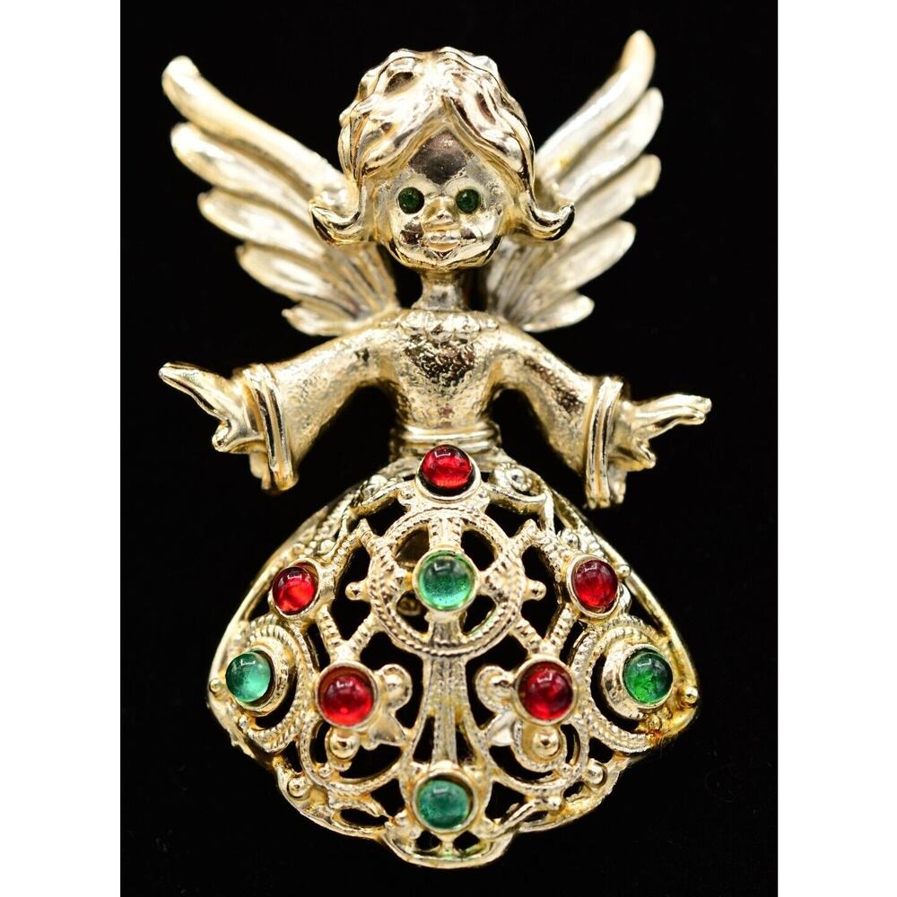 Tancer II Vintage Angel Pin Brooch Red Green Cabochon Christmas Signed Bin5B